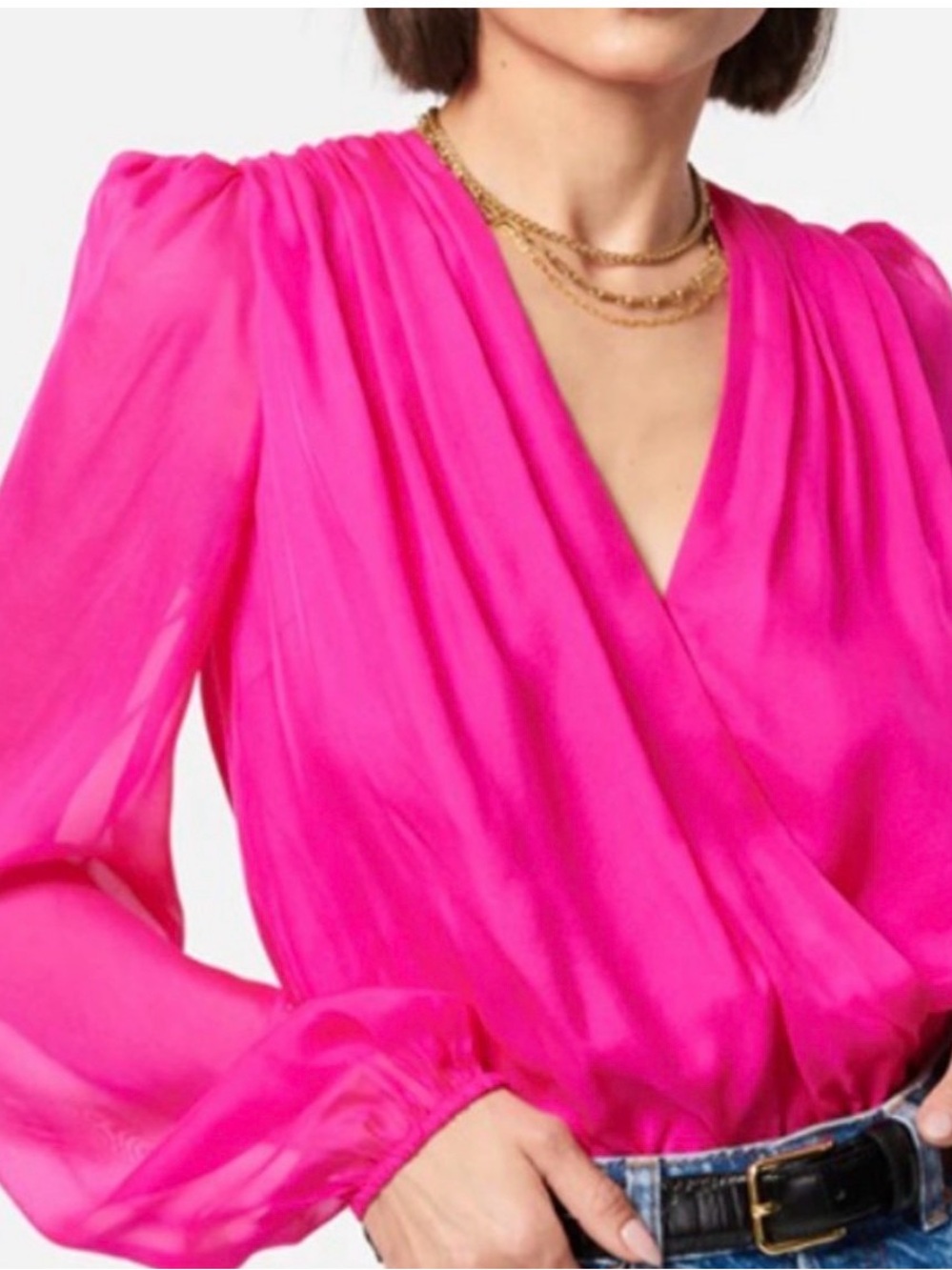 CAMI NYC Allison 100% Silk Wrap Bodysuit Fuchsia Pink Long Sleeve Size M